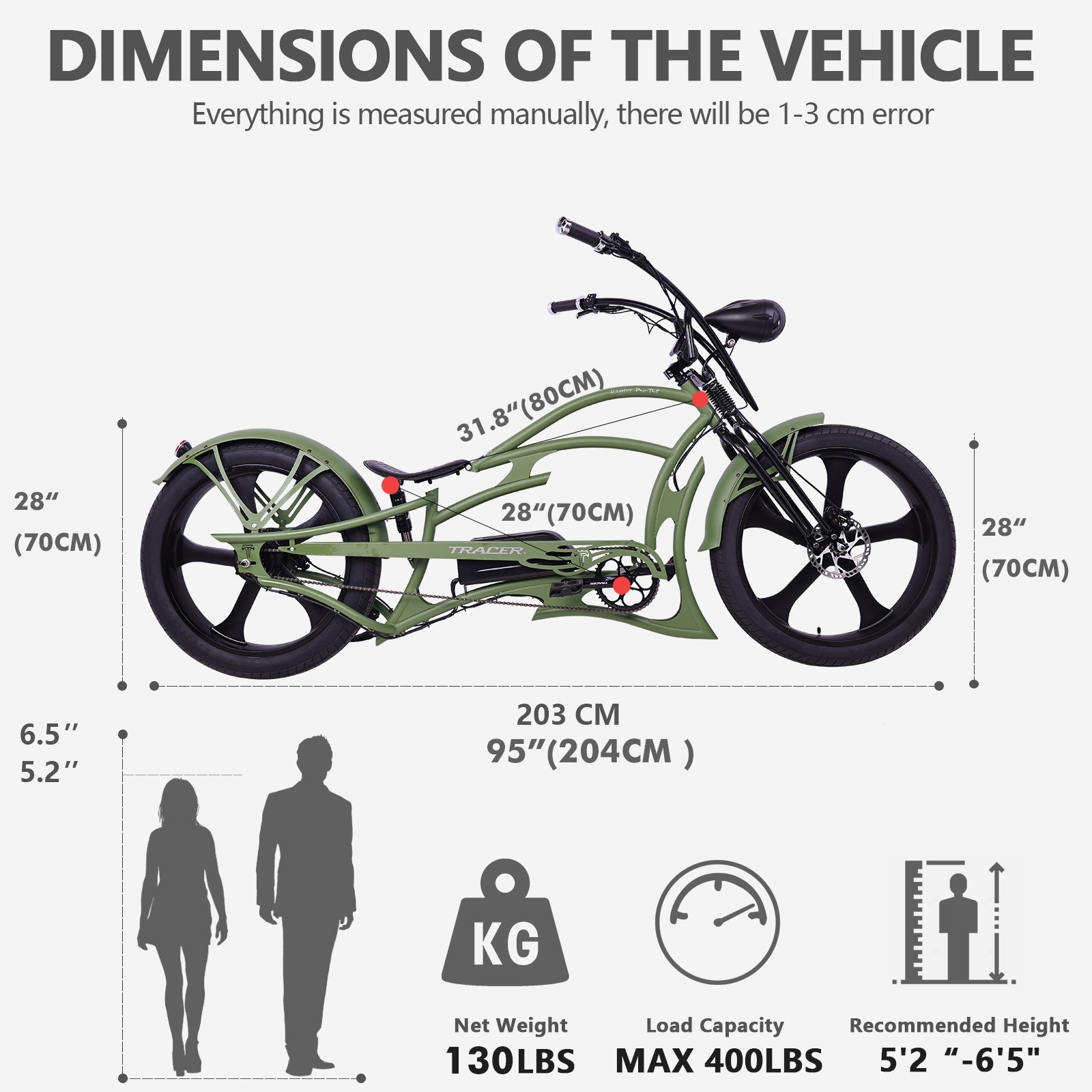 Tracer Raptor Pro DS 800W Stretch Chopper Cruiser Electric Bike