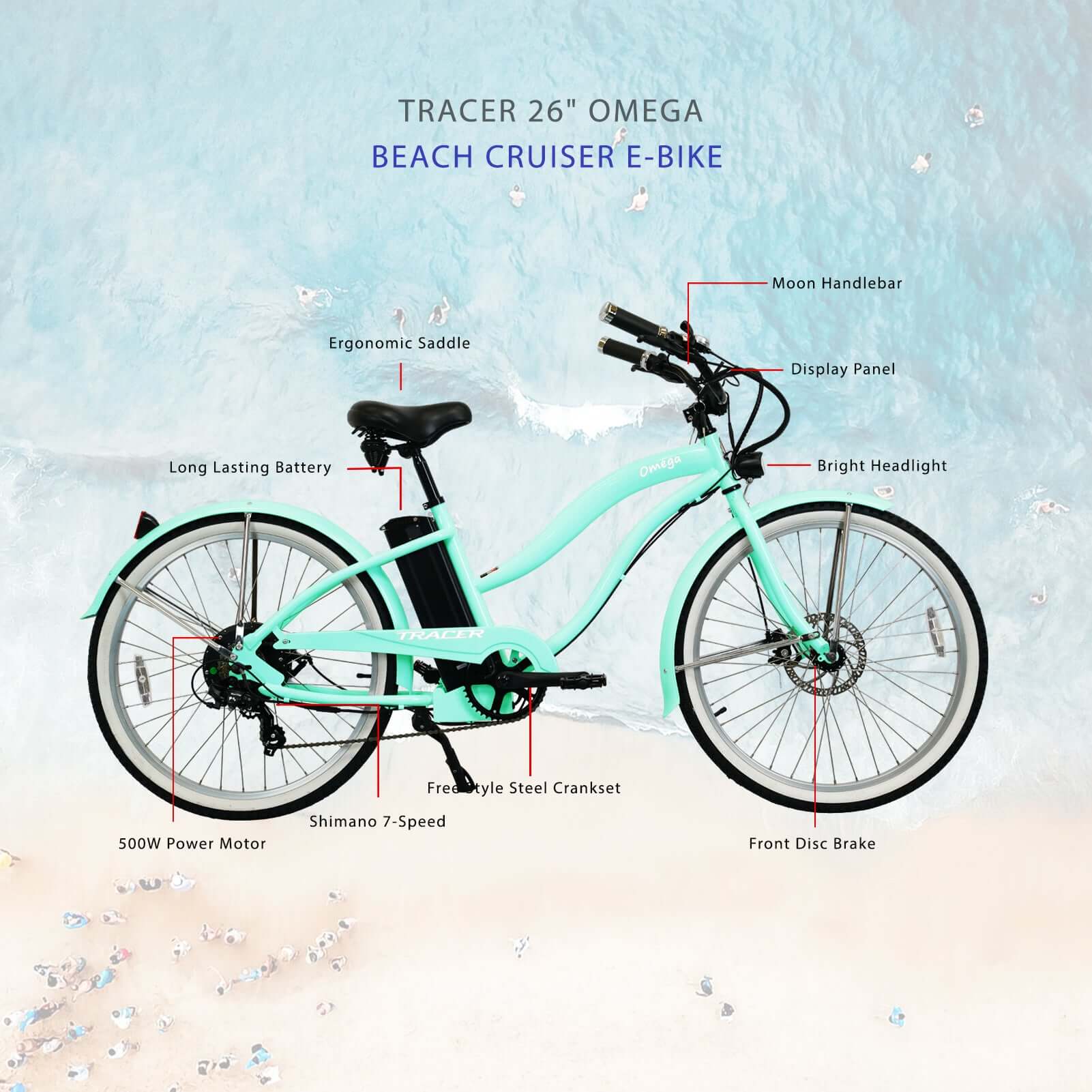 Tracer Omega 500W Electric Beach Cruiser Bike for Women