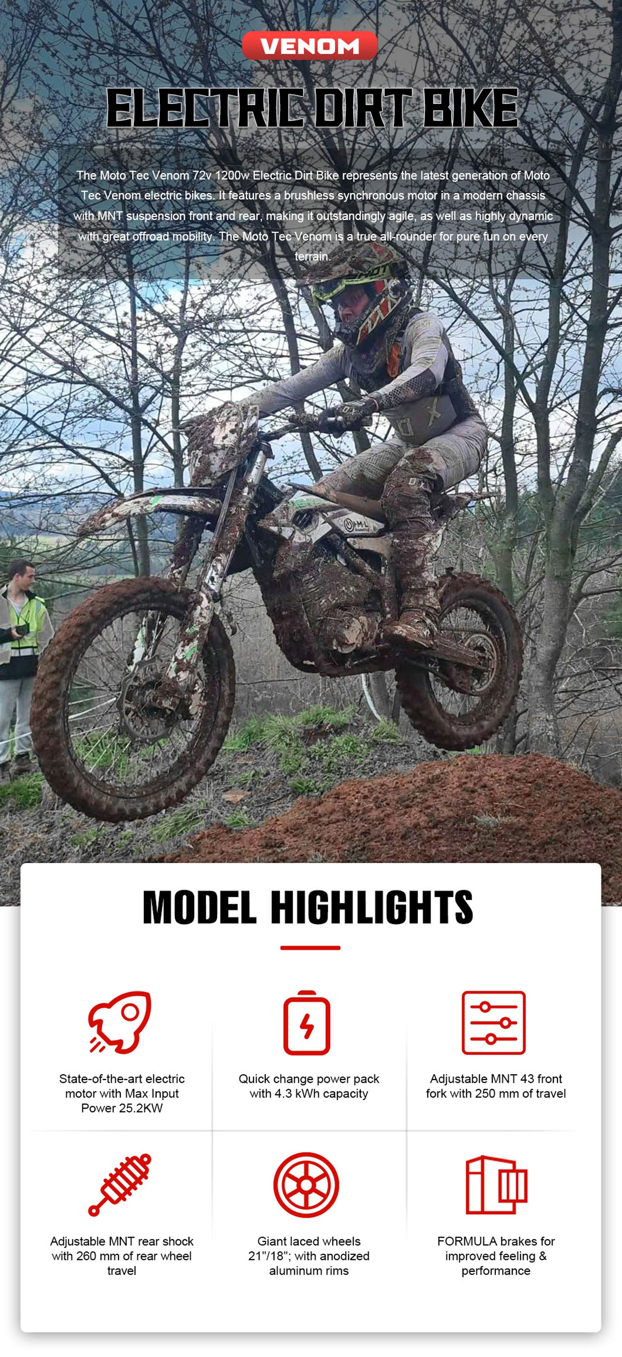 MotoTec Venom 72V 12000W Electric Dirt Bike