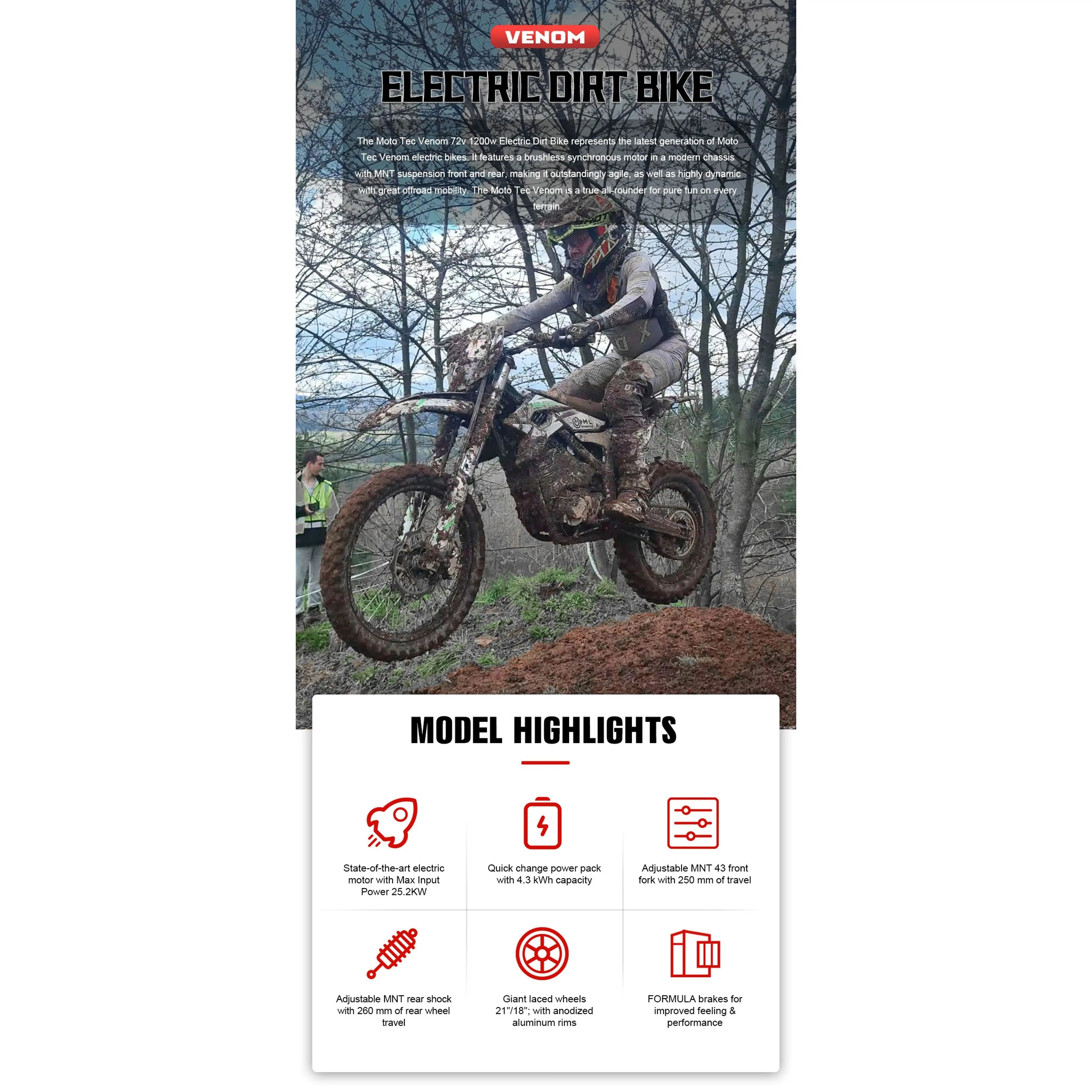 MotoTec Venom 72V 12000W Electric Dirt Bike  Electric Bikes Paradise