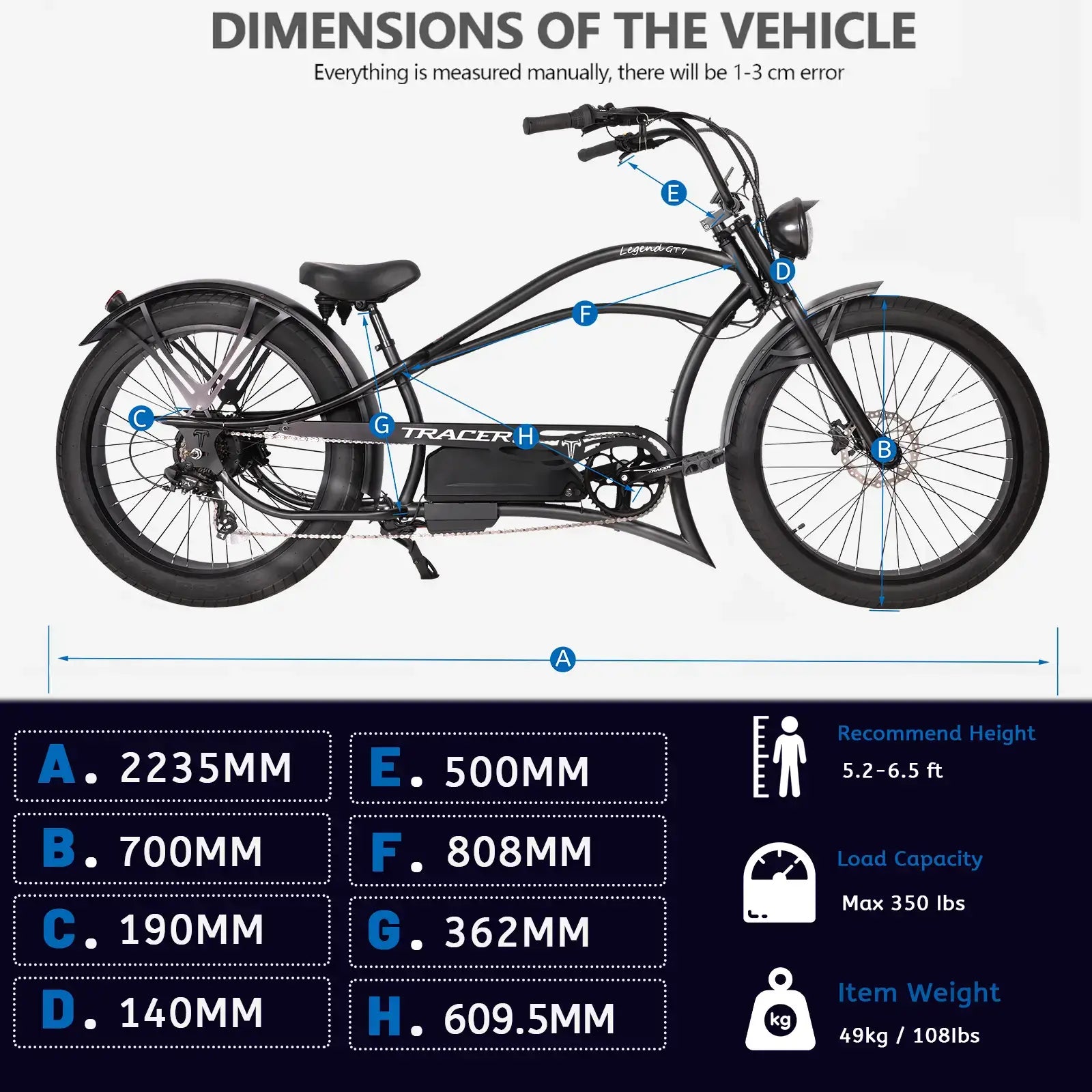 Tracer Legend GT7 1000W Stretch Cruiser Chopper Electric Bike