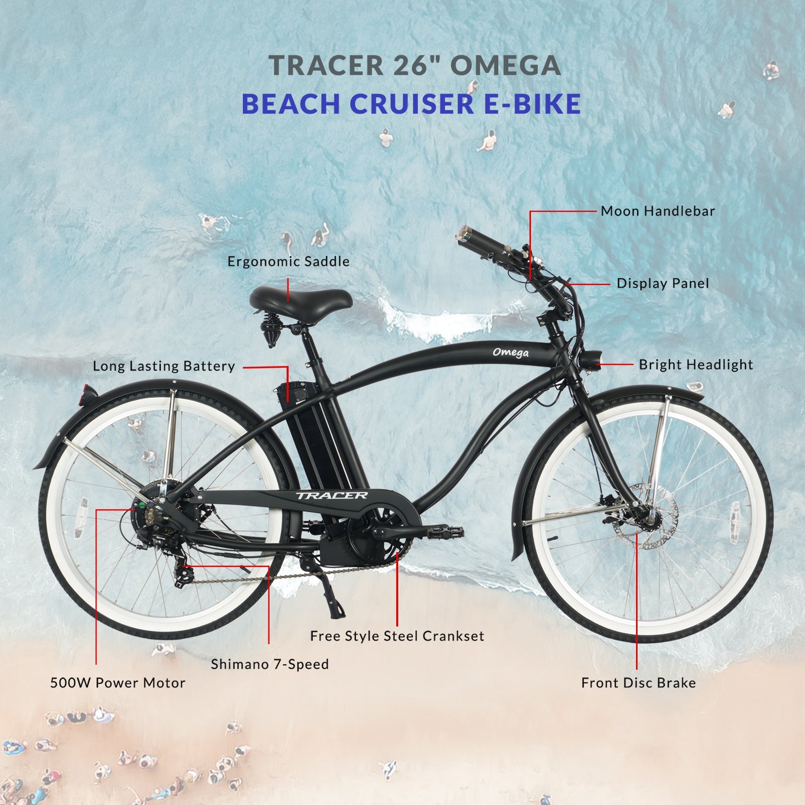 Tracer Omega 500W Electric Beach Cruiser Bike for Men