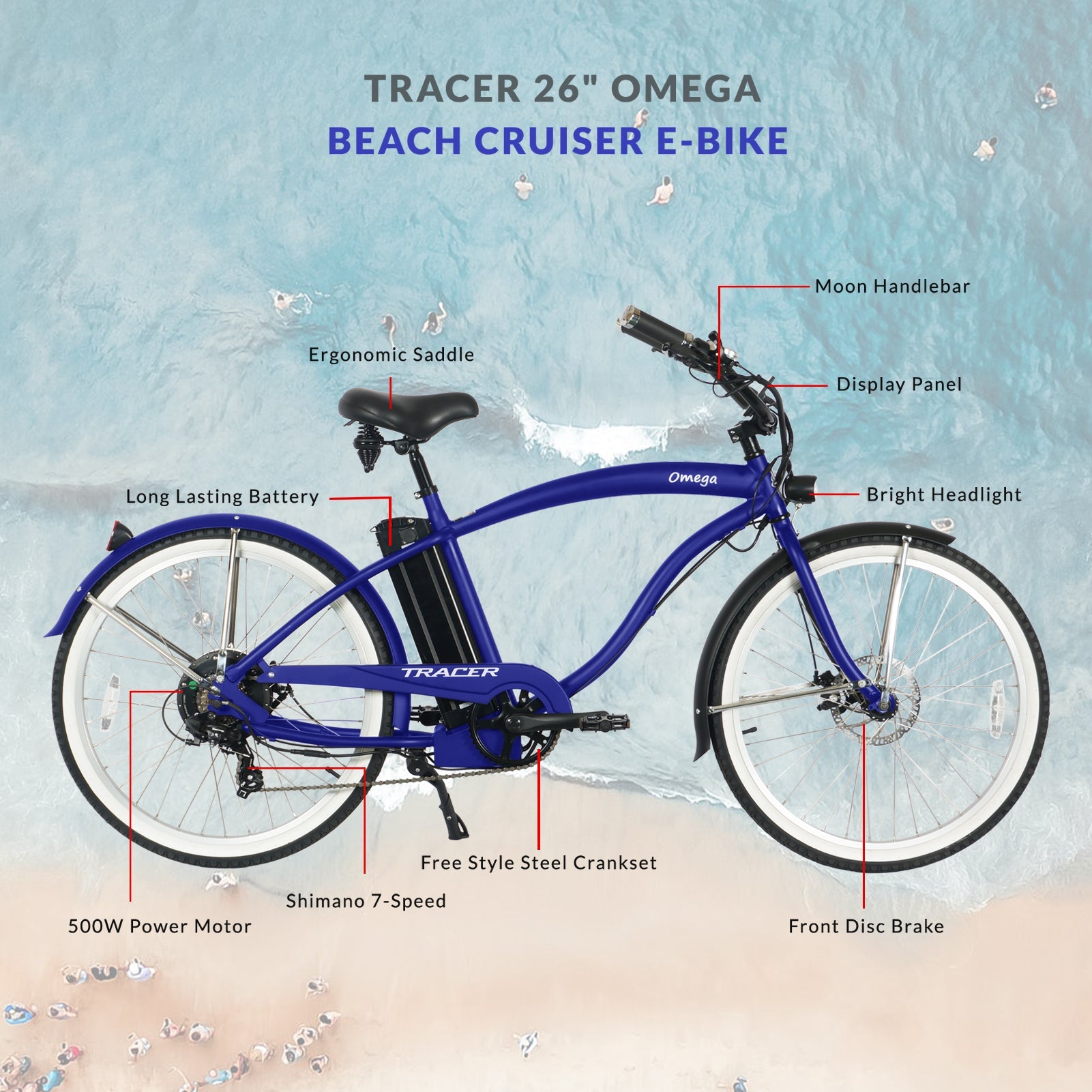 Tracer Omega 500W Electric Beach Cruiser Bike for Men
