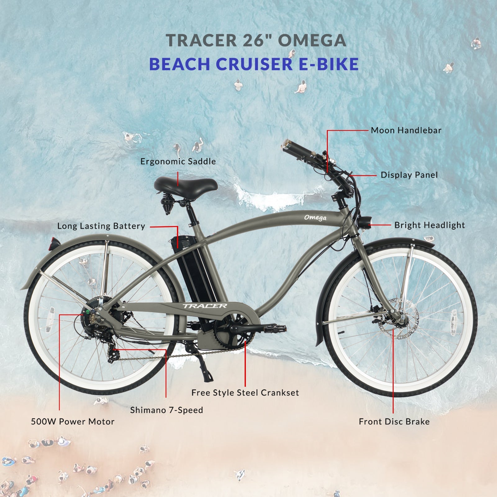 Tracer Omega 500W Electric Beach Cruiser Bike for Men