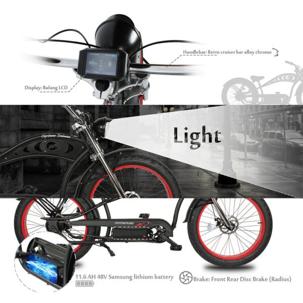 micargi cyclone 26" 48v 500w electric fat tire beach cruiser bike