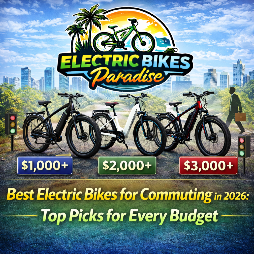 Best electric bikes for commuting in 2026 showing three price tiers with city skyline background