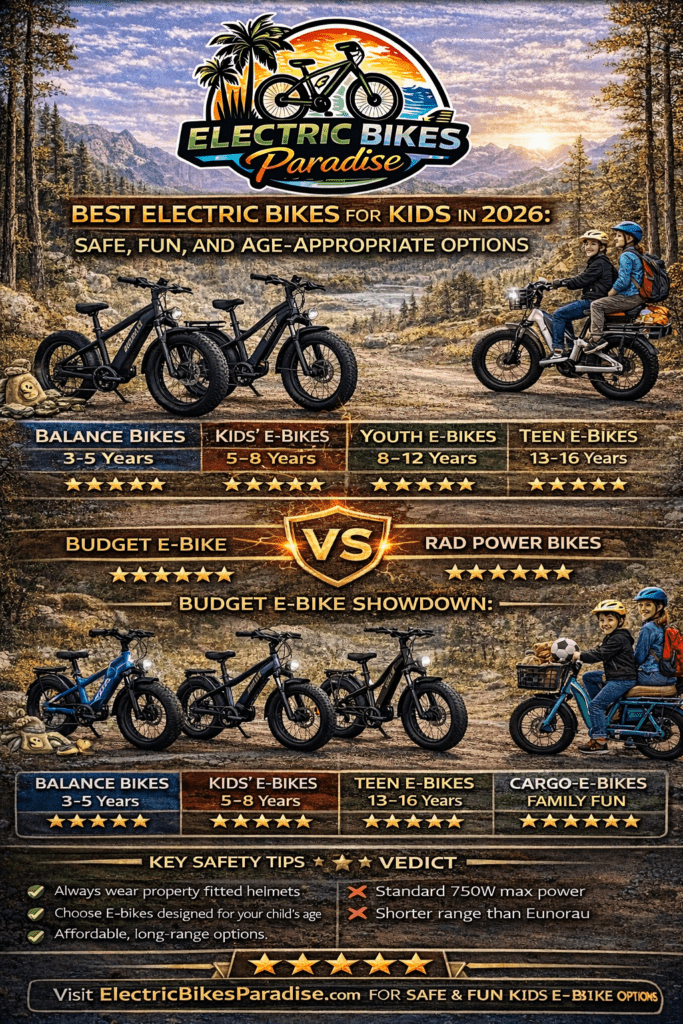 Best electric bikes for kids in 2026 showing age-appropriate options from balance bikes to teen e-bikes