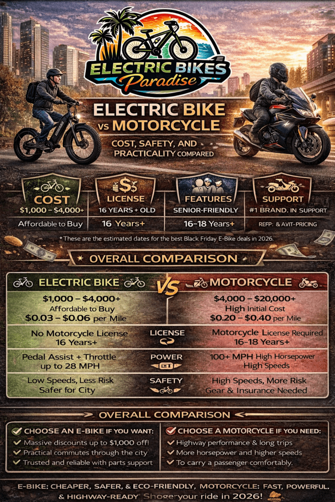 Electric Bike vs Motorcycle - Cost, Safety, and Practicality Compared in 2026