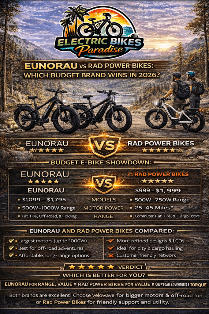 Eunorau vs Rad Power Bikes comparison graphic showing budget e-bike showdown for 2026