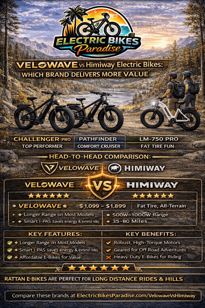 Velowave vs Himiway Electric Bikes comparison graphic showing key features and value comparison for 2026